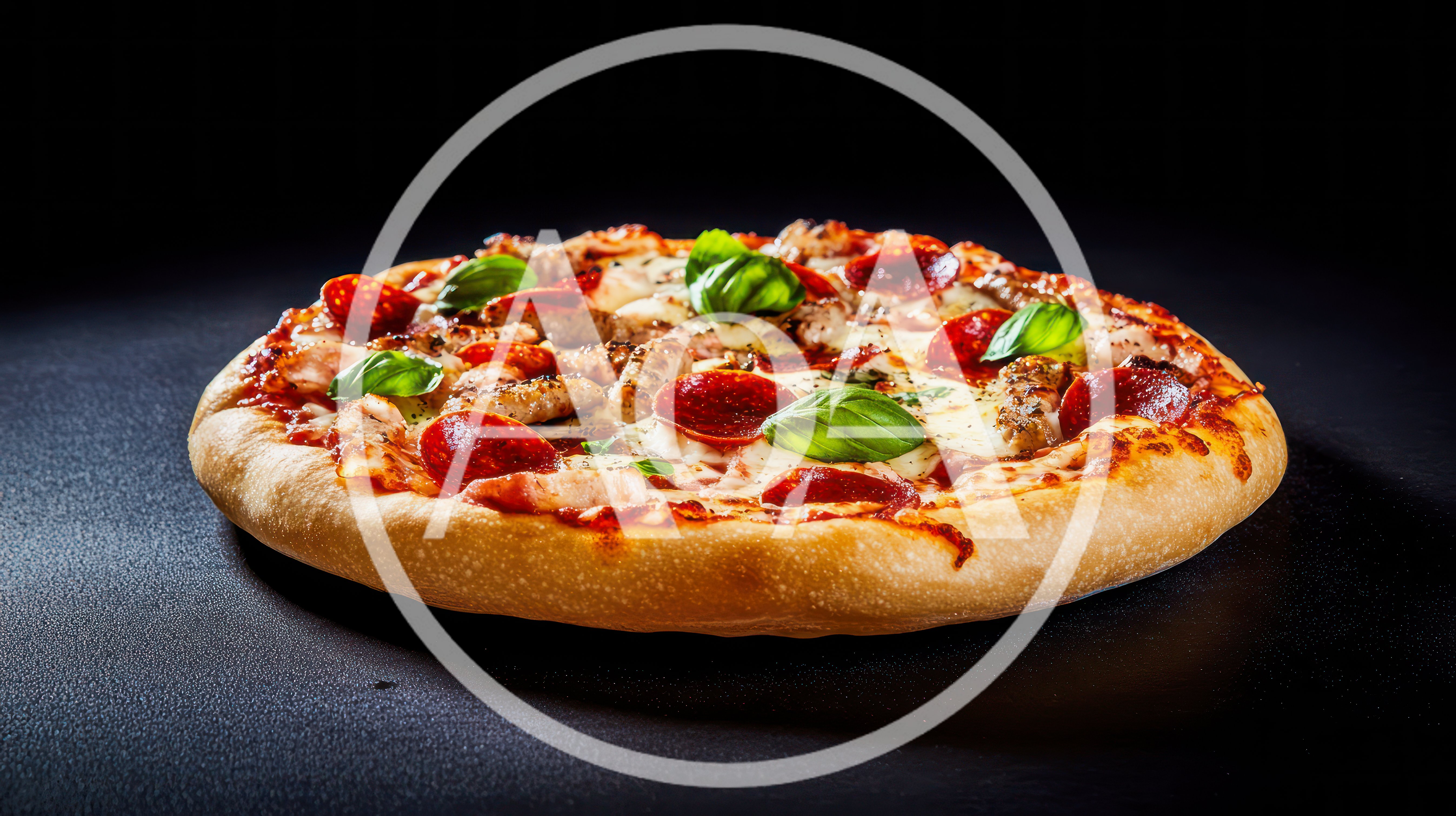 Freshly Baked Pepperoni Pizza With Basil Leaves