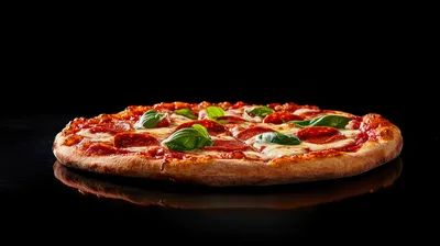 Fresh Pepperoni Pizza With Basil Leaves On Black Background