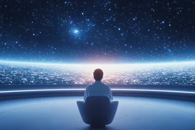 Person Sitting In Futuristic Observation Room Overlooking Galaxy