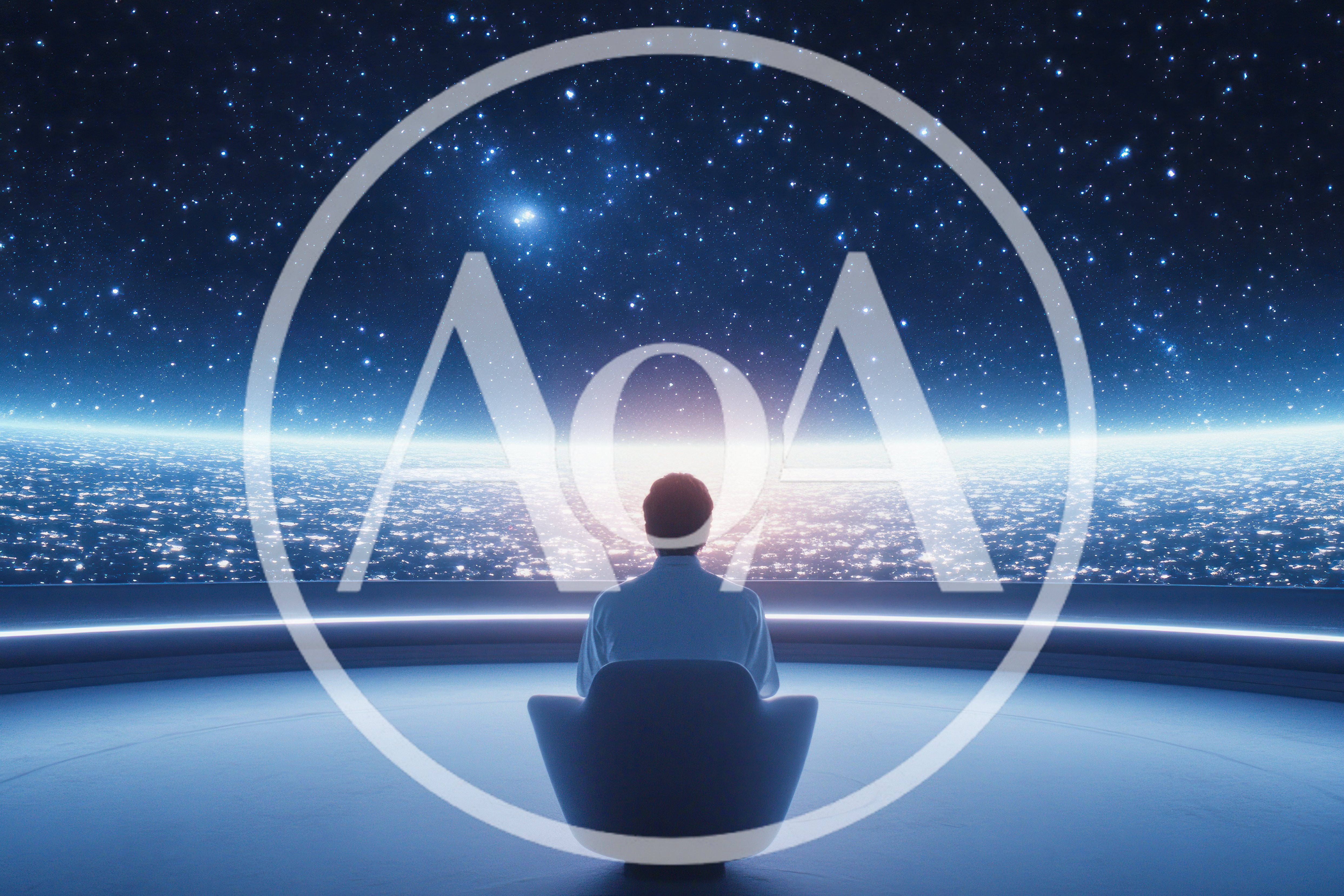 Person Sitting In Futuristic Observation Room Overlooking Galaxy