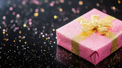 Pink Glitter Gift Box With Gold Ribbon