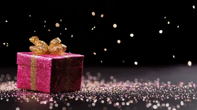 Pink Glitter Gift Box With Gold Ribbon
