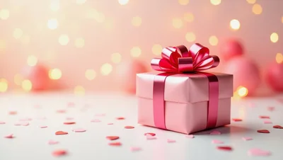 Pink Gift Box With Ribbon And Heart Confetti