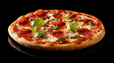 Fresh Pepperoni Pizza With Basil Leaves