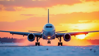 Commercial Airplane Landing On Snowy Runway At Sunset