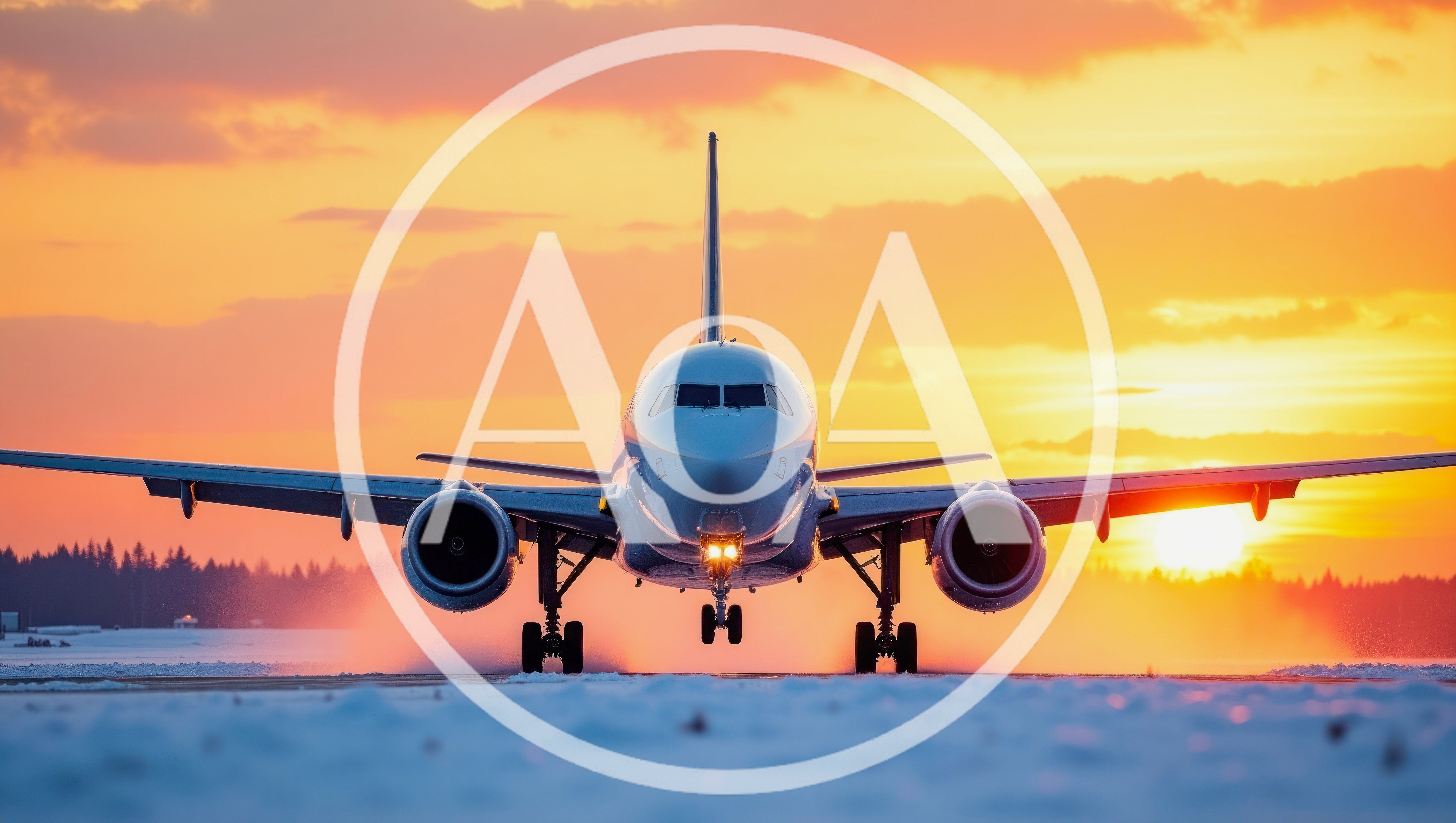Commercial Airplane Landing On Snowy Runway At Sunset