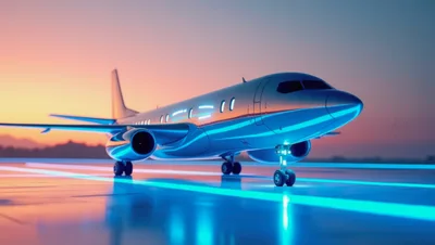 Modern Private Jet Parked on Illuminated Airport Runway