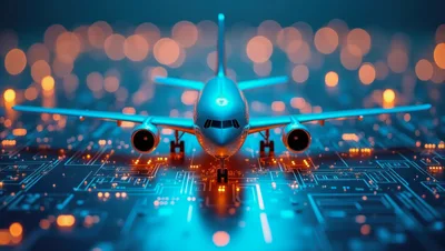 Digital Airplane Model On Glowing Circuit Board