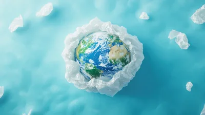 Earth Globe Wrapped In Plastic On Blue Background