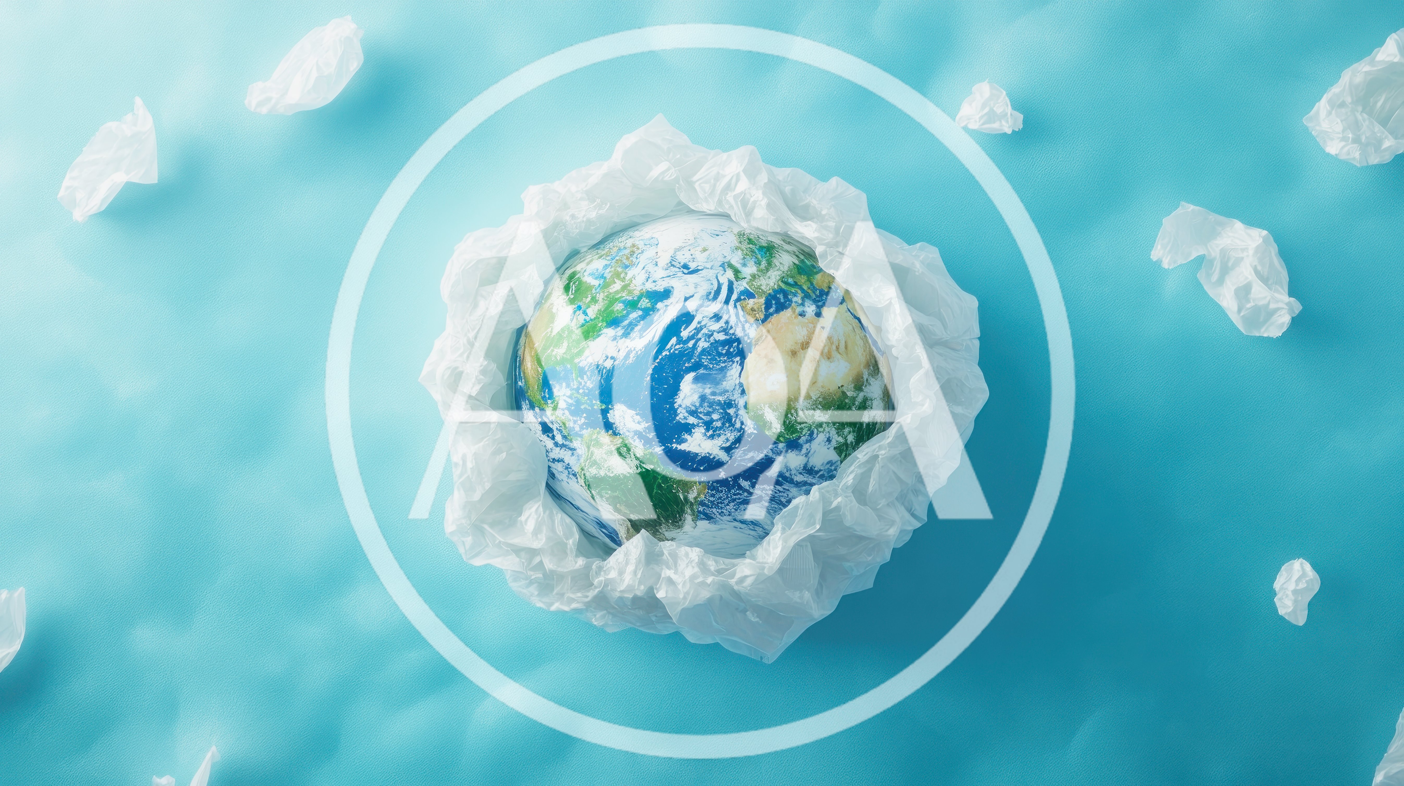 Earth Globe Wrapped In Plastic On Blue Background