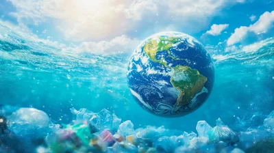 Planet Earth Floating Above Ocean Plastic Pollution