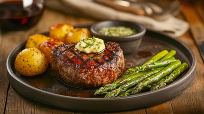 Grilled Beef Steak With Roasted Potatoes And Asparagus