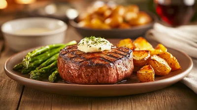 Grilled Filet Mignon Steak With Asparagus And Roasted Potatoes