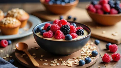 Bowl Of Oatmeal With Fresh Berries And Muffins