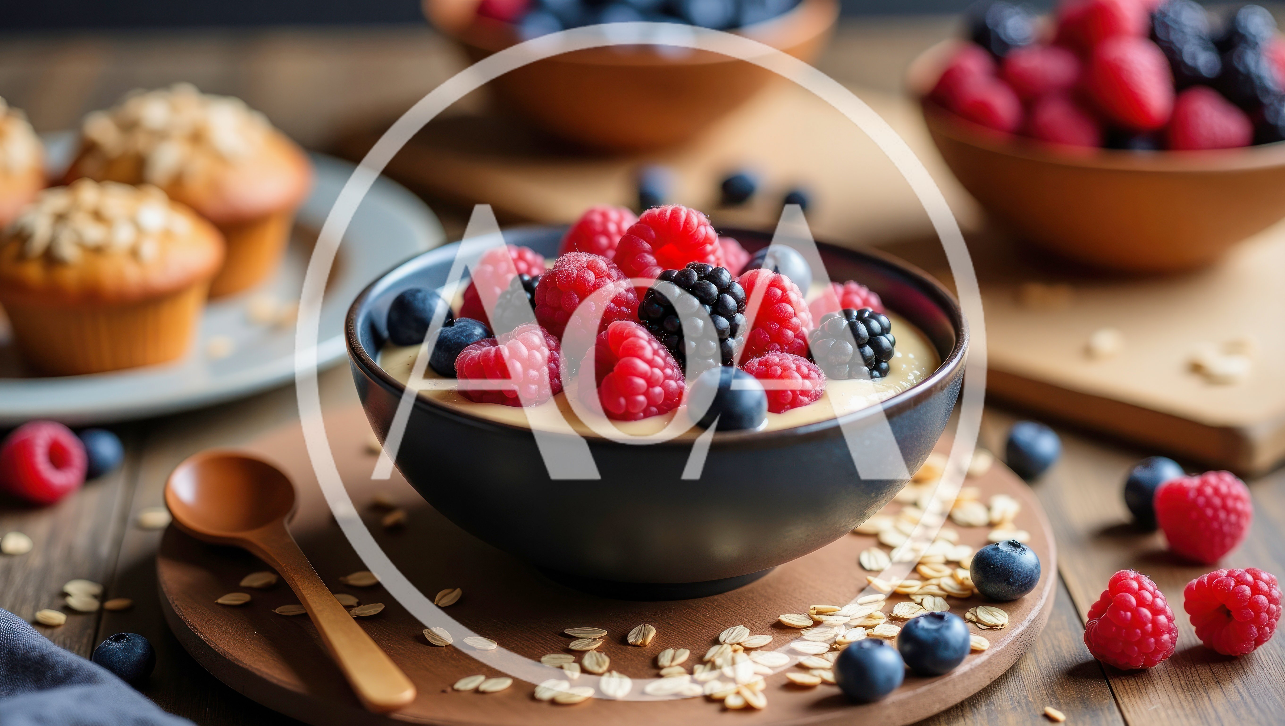 Bowl Of Oatmeal With Fresh Berries And Muffins