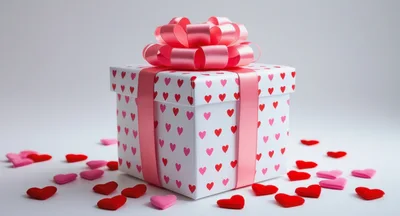 Gift Box With Heart Pattern And Pink Ribbon