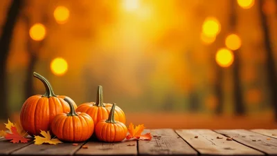 Autumn Pumpkins On A Rustic Wooden Table