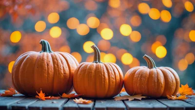 Three Orange Pumpkins On A Wooden Table