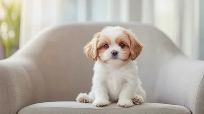 Adorable Shih Tzu Puppy Sitting On A Soft Armchair
