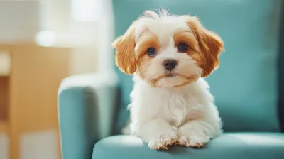 Adorable Small Puppy Sitting On A Teal Chair