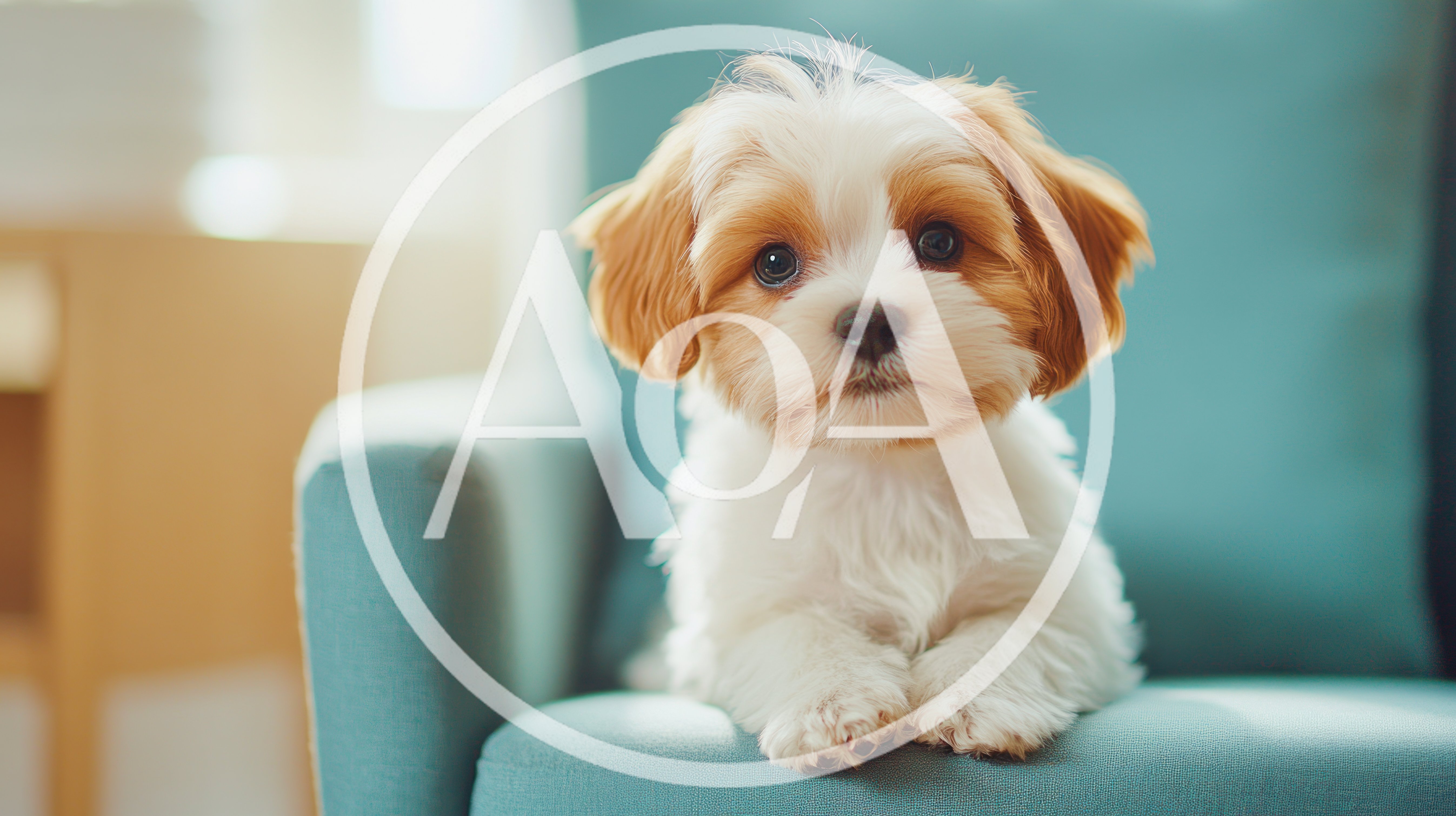 Adorable Small Puppy Sitting On A Teal Chair