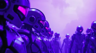 Futuristic Robotic Soldiers Standing In Formation