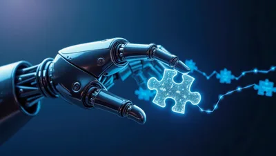 Robotic Hand Placing A Glowing Digital Puzzle Piece