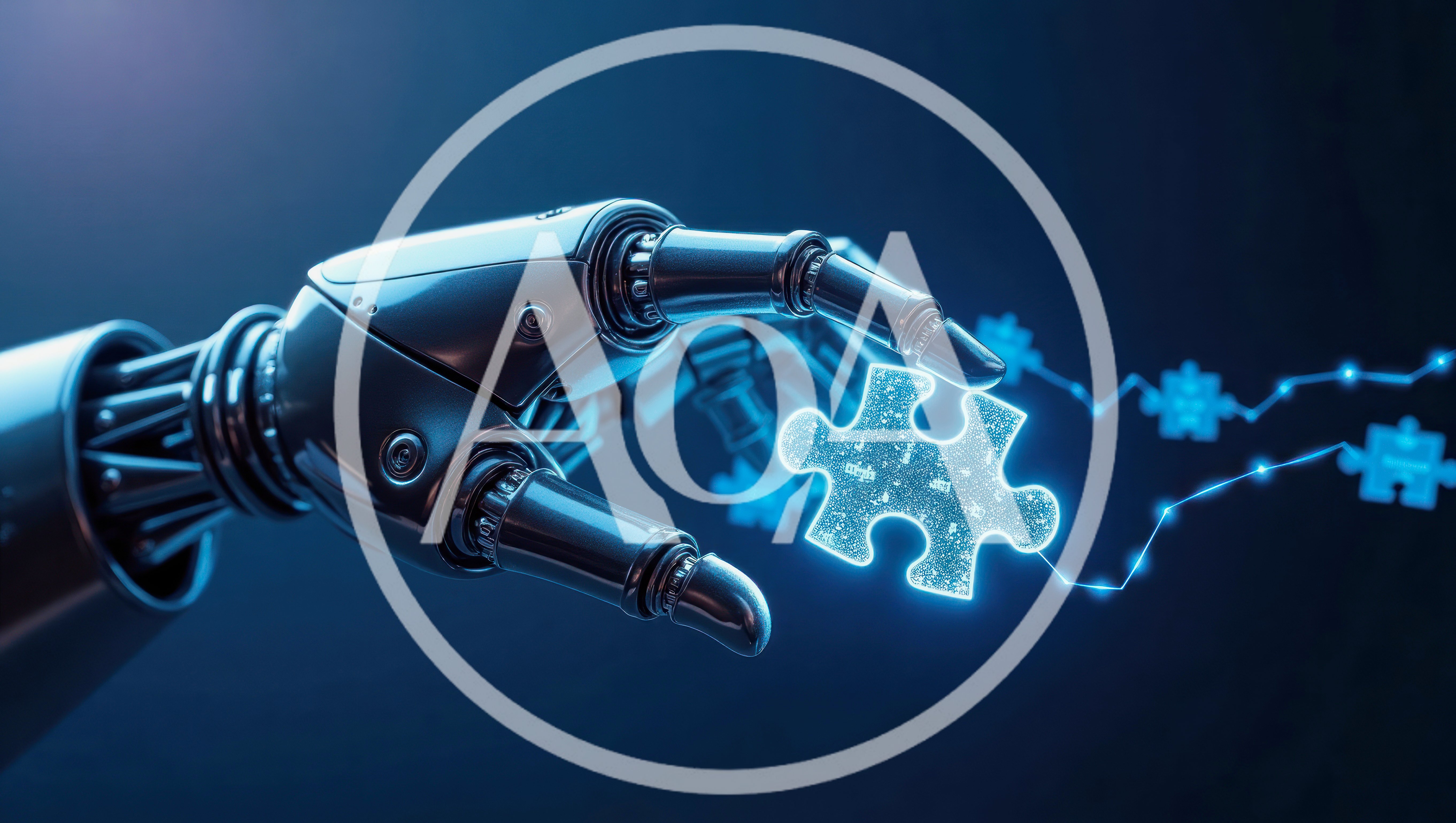 Robotic Hand Placing A Glowing Digital Puzzle Piece