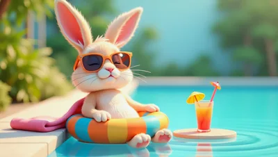Cute Bunny Relaxing In A Swimming Pool