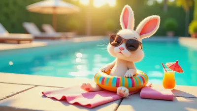 Cute Bunny Wearing Sunglasses Relaxing By A Swimming Pool
