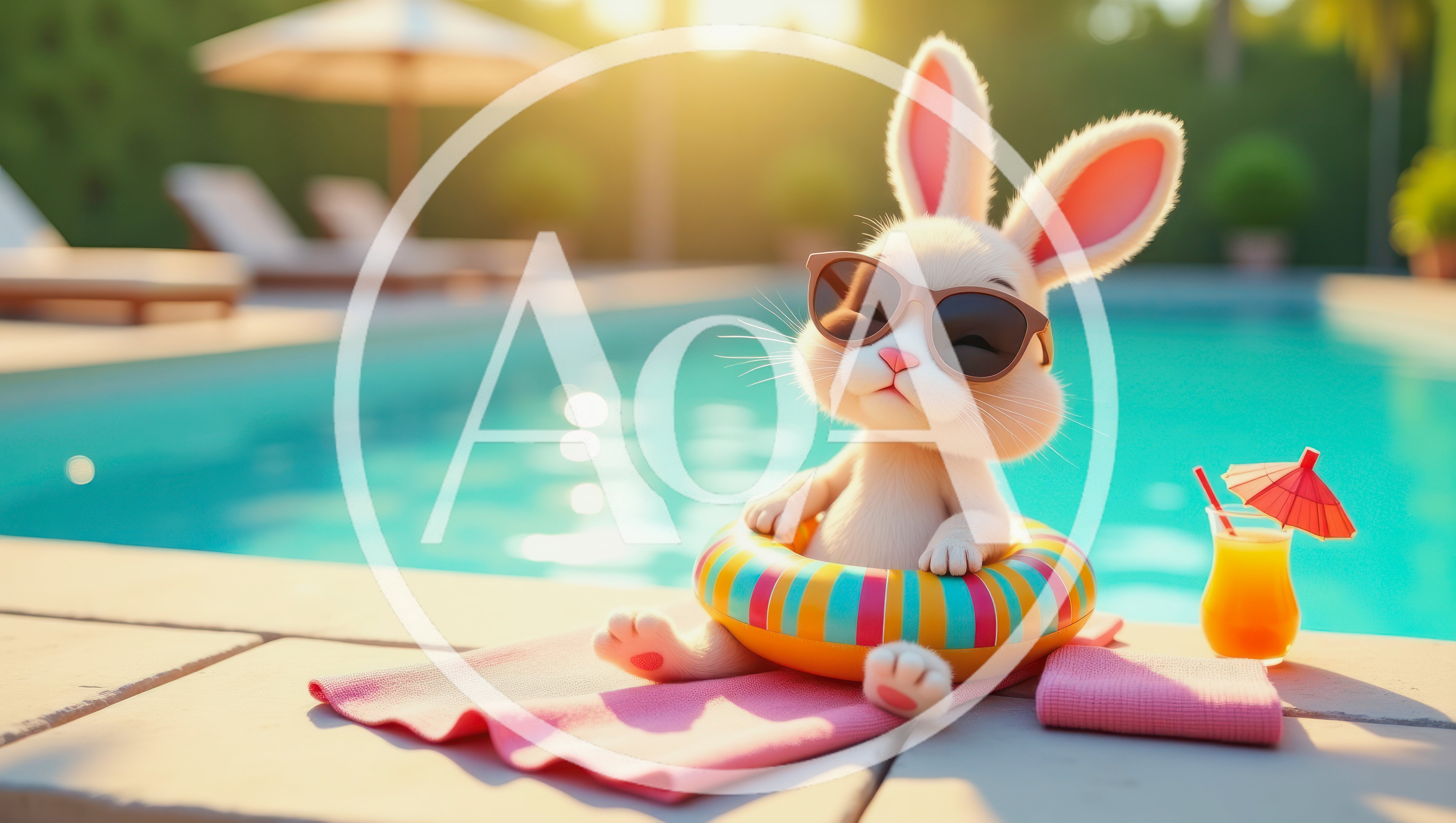 Cute Bunny Wearing Sunglasses Relaxing By A Swimming Pool