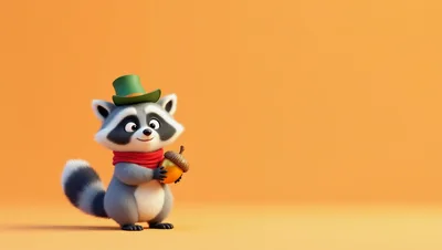 Cute Cartoon Raccoon Holding An Acorn