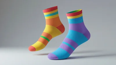 Two Colorful Striped Socks Floating Against Grey Background