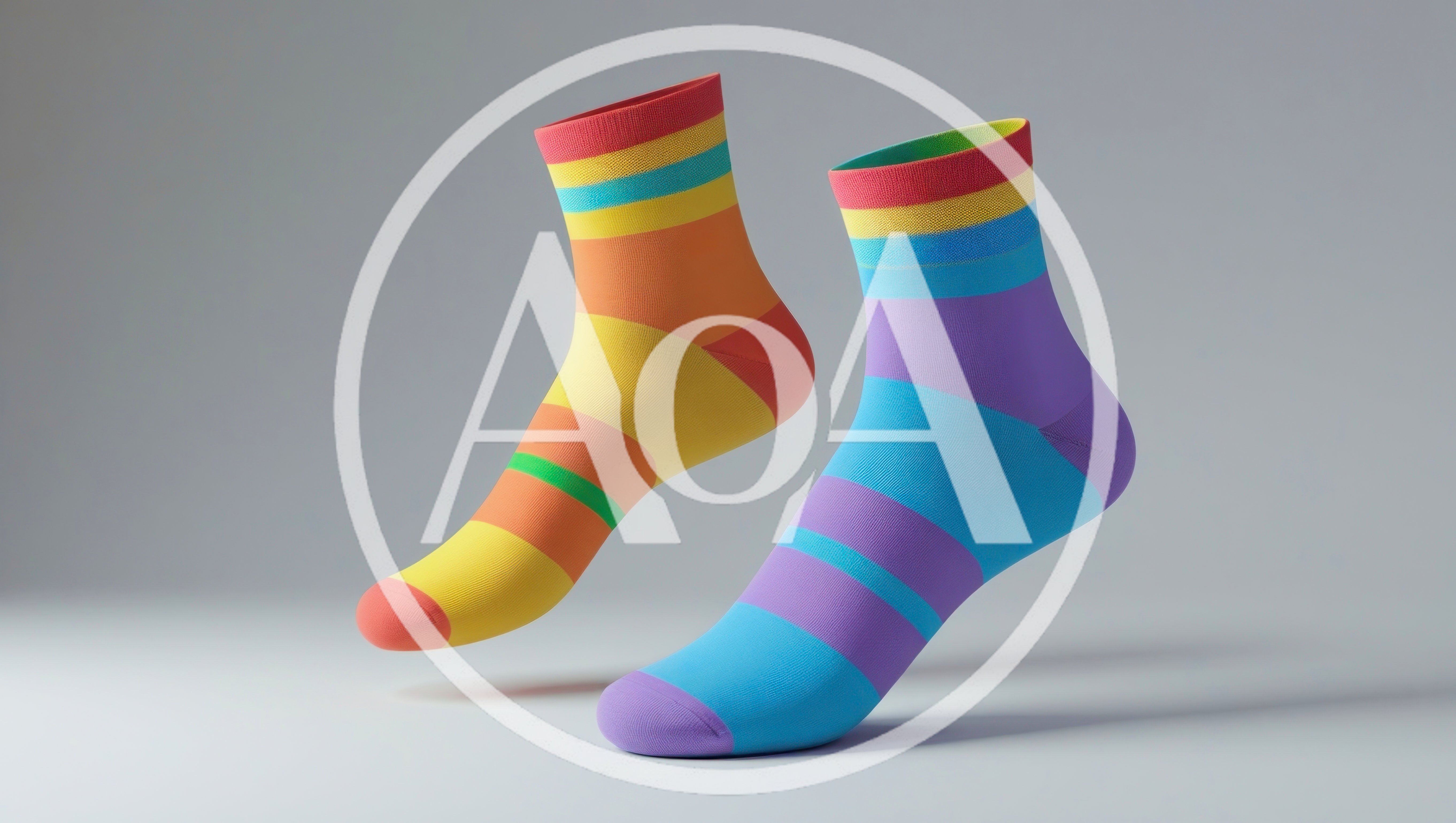 Two Colorful Striped Socks Floating Against Grey Background