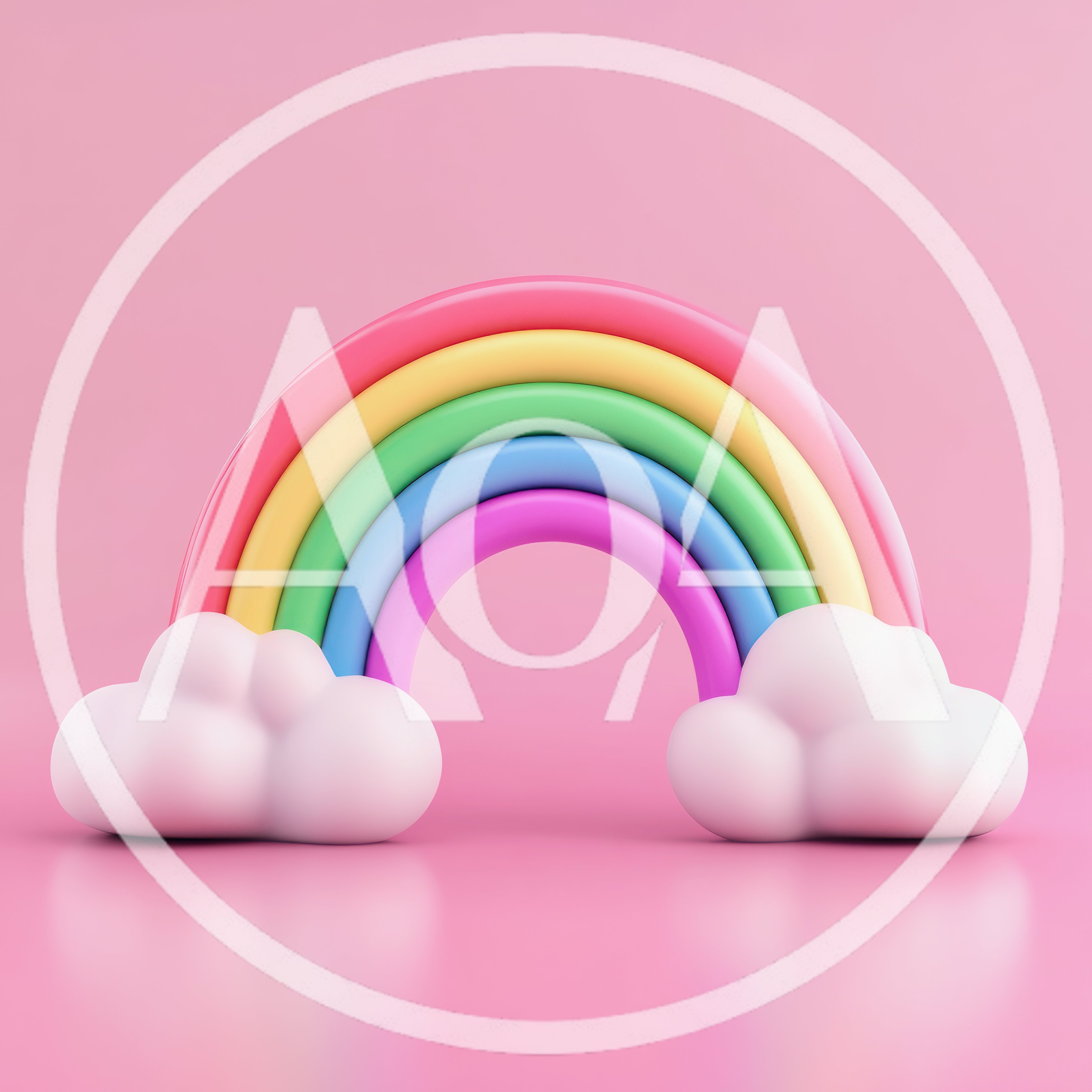 3D Rendered Pastel Rainbow With Clouds On Pink Background