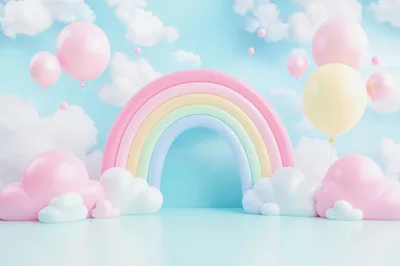 3D Rendered Pastel Rainbow Arch With Clouds And Balloons