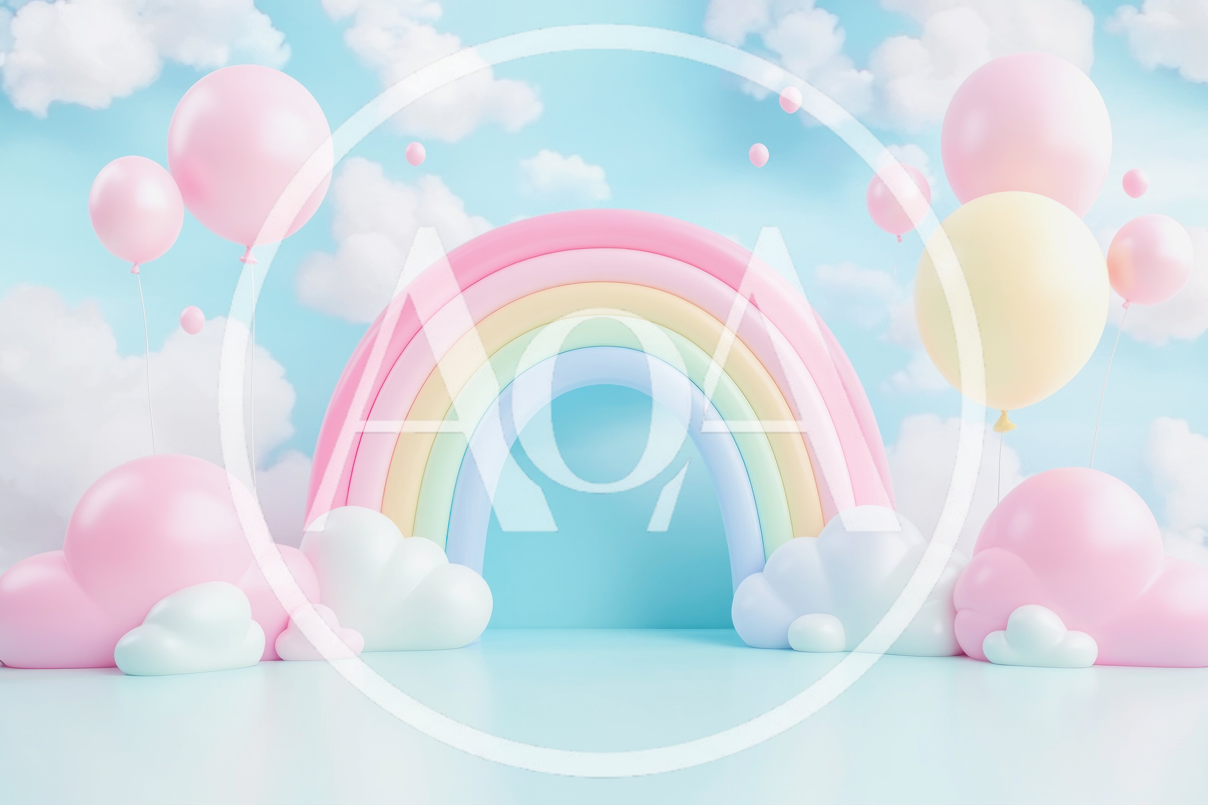 3D Rendered Pastel Rainbow Arch With Clouds And Balloons