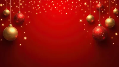 Festive Red Background With Hanging Christmas Ornaments