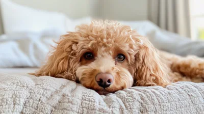 Adorable Goldendoodle Puppy Resting On A Bed