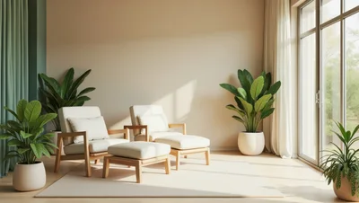 Modern Living Room With Two Armchairs And Potted Plants