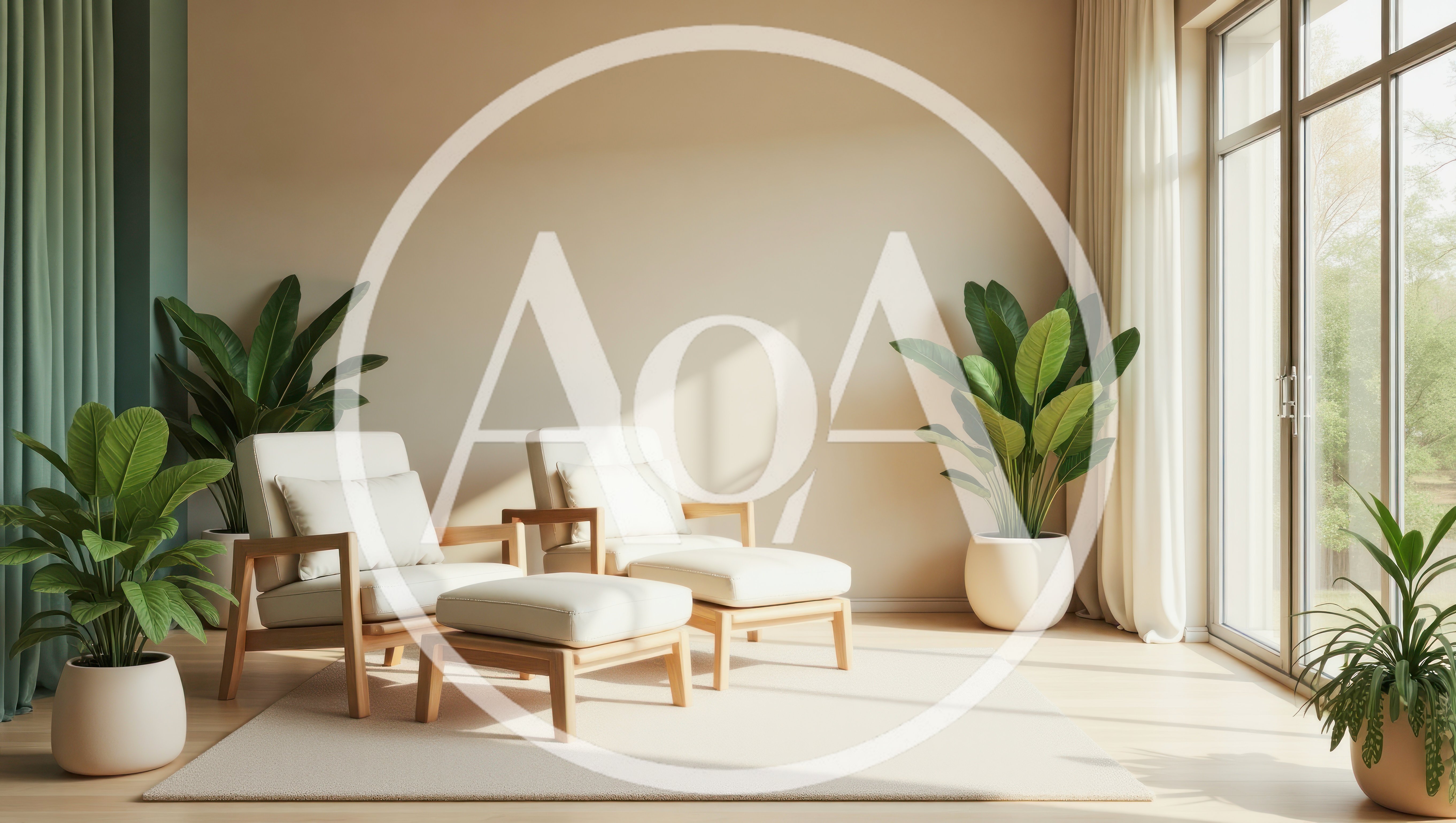 Modern Living Room With Two Armchairs And Potted Plants