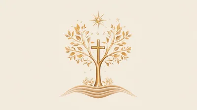 Golden Tree Of Life With Christian Cross Symbol