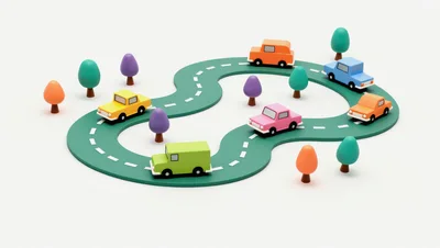 3D Rendered Toy Cars Driving On A Winding Road