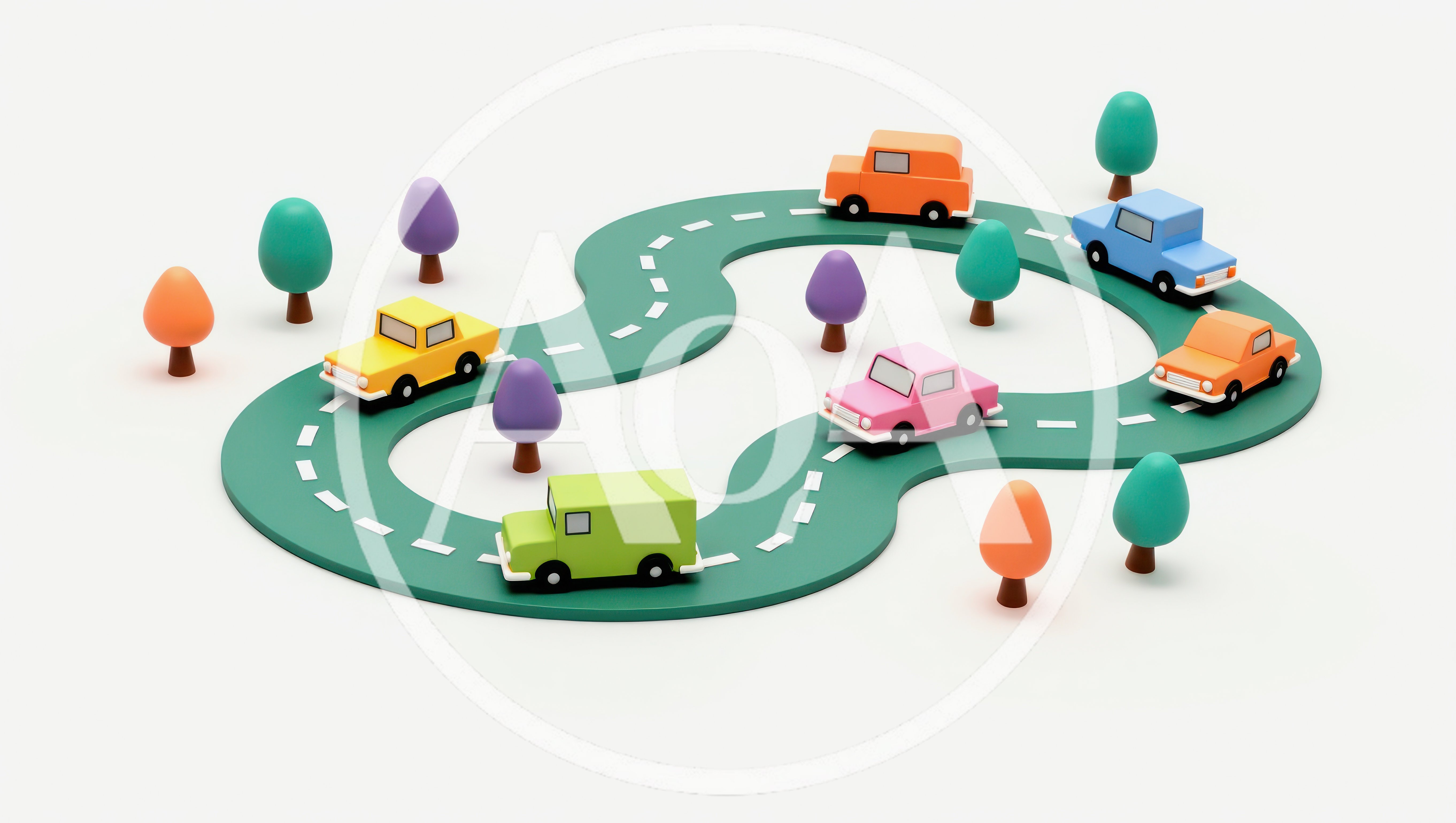 3D Rendered Toy Cars Driving On A Winding Road