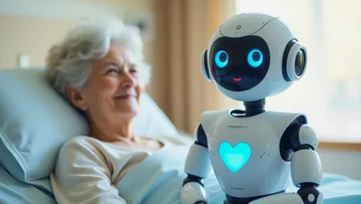 Friendly Robot Companion Visiting Elderly Woman In Hospital