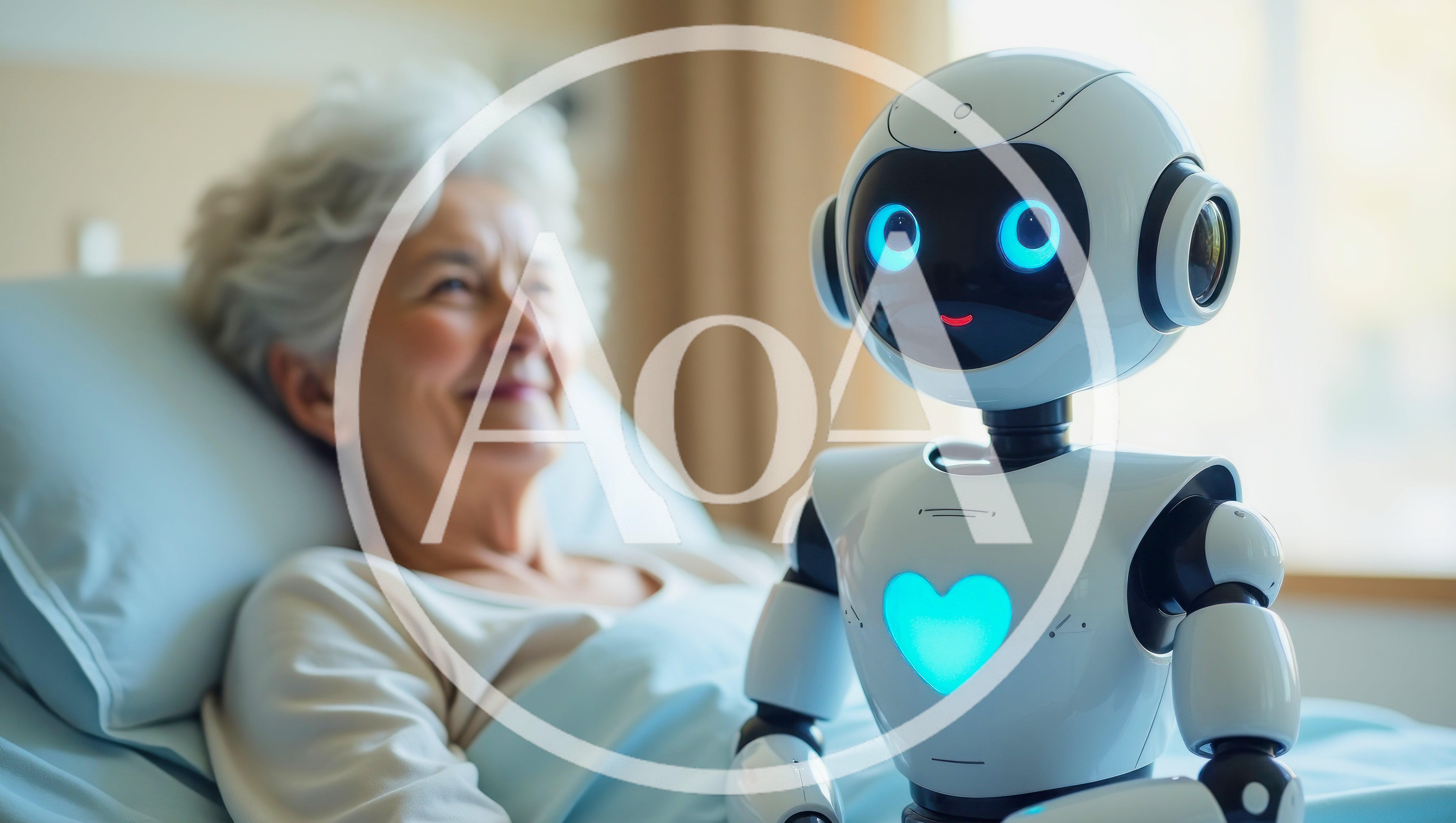 Friendly Robot Companion Visiting Elderly Woman In Hospital