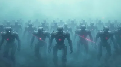 Army Of Futuristic Robotic Soldiers Marching Through Fog