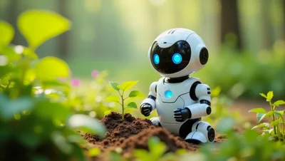Small White Robot Tending To A Young Plant