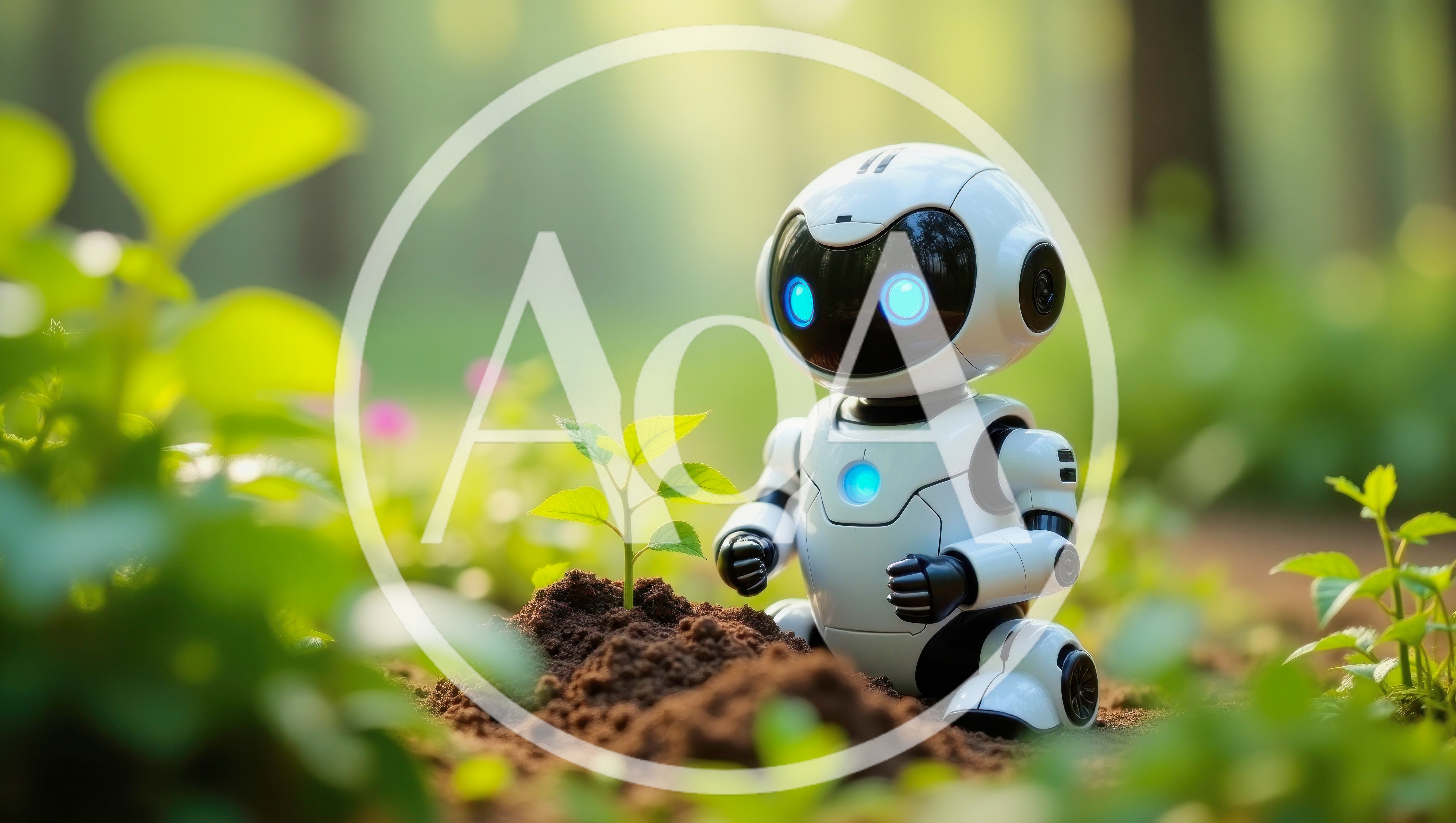 Small White Robot Tending To A Young Plant