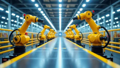 Yellow Robotic Arms On An Automated Factory Assembly Line